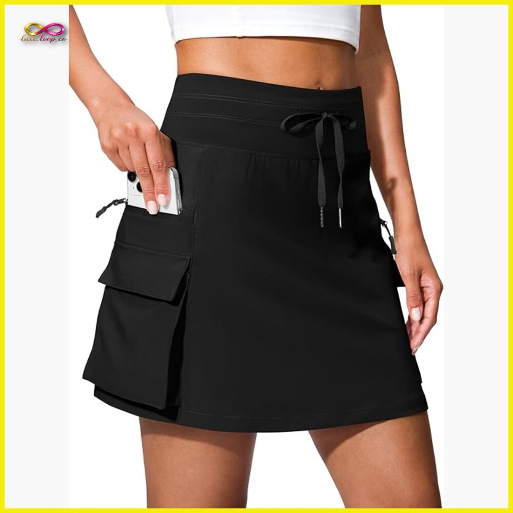 Cargo Skort with 6 Pockets High Waisted Drawstring Active Golf Hiking Travel